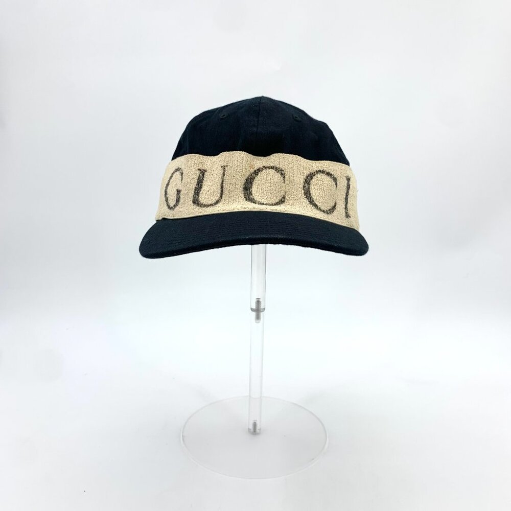X17104 Gucci black logo cotton cap with brim 7.5cm circumference 60cm XL slight - Picture 3 of 9